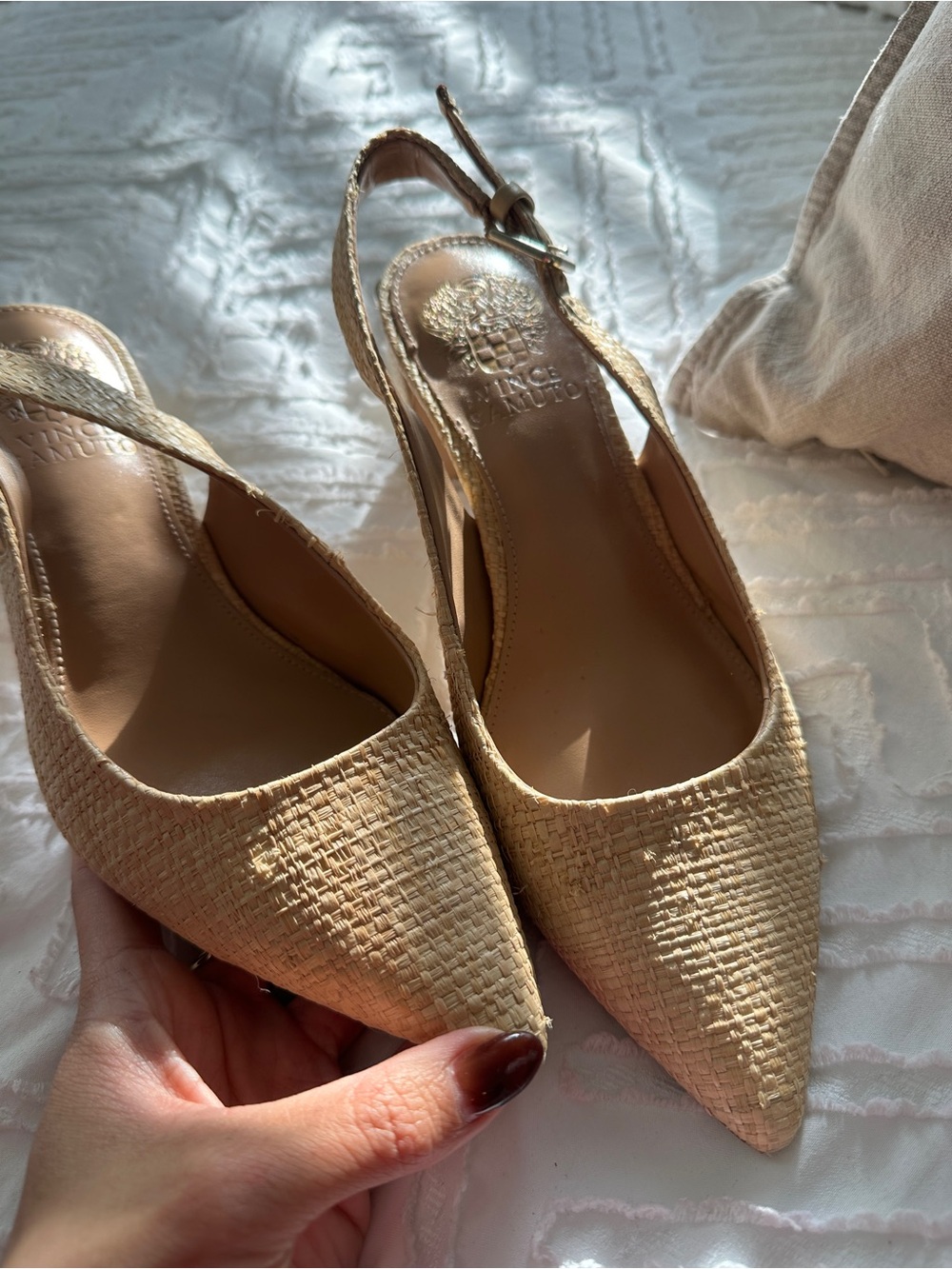 Vince Camuto Beige Textured Pointed Slingback Heels